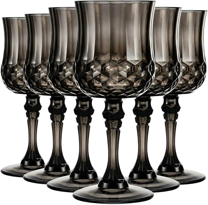 Pinkunn 6 Pcs 7 oz Plastic Vintage Wine Glasses Reusable Colored Goblets Patterned Drinking Water Glasses Cup Dishwasher Safe for Mother's Day Wedding Reception Party Supplies (Black)