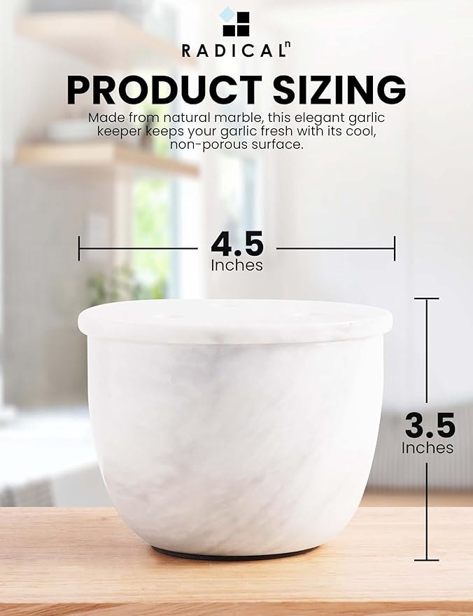 Radicaln Marble Garlic Keeper With Lid 4.5 Inch White Handmade Garlic Storage and Garlics Container For Kitchen, Keep Fresh Garlic Cloves, Ideal Garlic Keeper for Counter