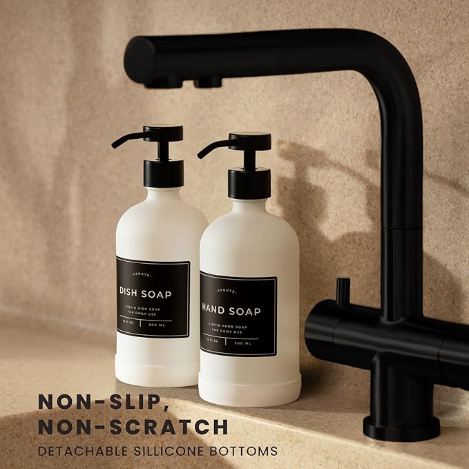 Hand and Dish Soap Dispenser for Kitchen and Bathroom, Set of 2 16 Oz Glass Bottles, Stainless Steel Pumps, Non-Slip Silicone Base, 27 Waterproof Labels (Matte White Bottle/Black Pump)