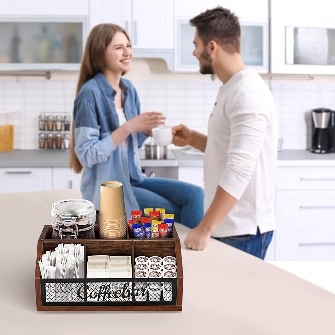 Coffee Station Organizer for Counter, Wood Pods Holder Basket with Removable Dividers, Office Coffee Bar Accessories Decor for Syrup, Cups, Stirrer, Tea