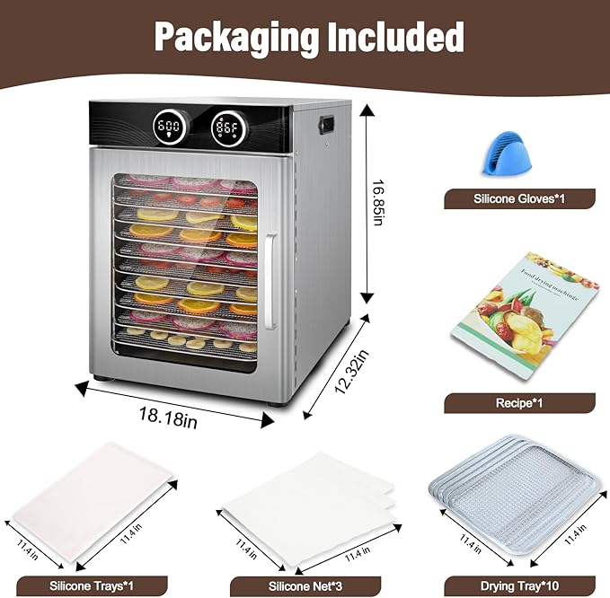 Food Dehydrator with 10 Stainless Steel Trays, with Electronic knob, 194°F Temperature Adjustable and 0-15 Hour Digital Timer, 800W dehydrators, low noise, for Dog Treats, Meat, Fruit, Jerky and Herbs