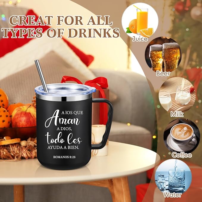 Sieral 12 Pcs Christian Gifts Coffee Mugs with Straw Lid 17 oz Religious Cups with Bible Stainless Steel Tumbler Inspirational Gifts for Women Men Pastor's Church Group(Black,Spanish)