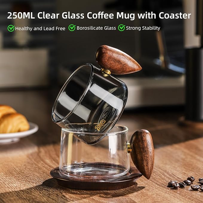 Bincoo Glass Coffee Cups and Saucers Set, 250ML Clear Glass Iced Coffee Mug Espresso Cup Tea Cup with Walnut Handle and Coaster (Gray)