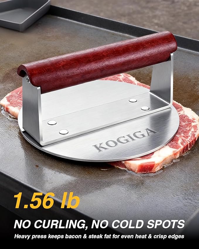 Smash Burger 1.56LB - 6 Inch Stainless Steel Burger Smasher Tool, Easy to Handle Griddle Press & Steak Weight with Beechwood Handle for Perfect Smashburgers, Bacon & Sandwich Press