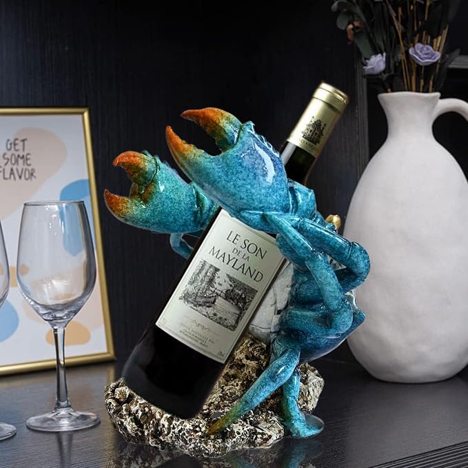 Modern Crab Wine Bottle Holder Countertop Coastal Beach Themed Home Decor Nautical Rack for Kitchen Living Room Bedroom Office Decorations - Gift for Ocean Lovers