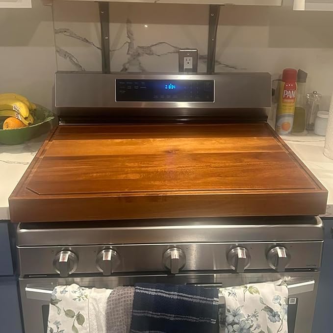 Acacia Stove Top Cover for Gas Burners & Electric Stove, Noodle Board Stove Cover with Wavy Handles, Wooden Stovetop Cutting Board with Juice Grooves, Serving Tray 30"L x 22"W x 2.5"H