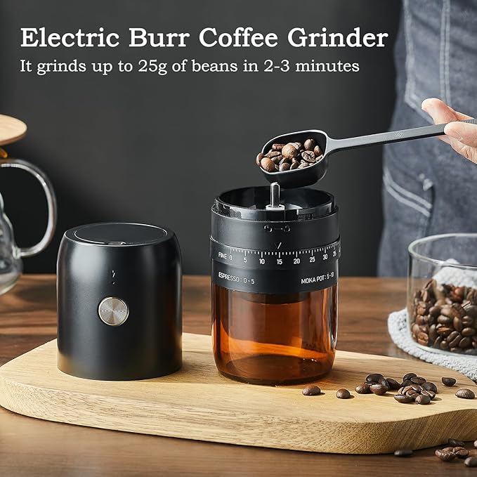 Portable Electric Burr Coffee Grinder by ELMWAY - Rechargeable Mini Coffee Grinder with Stainless Steel Burr & External Coarseness Adjustment, Compact for Travel & Home Use - Black