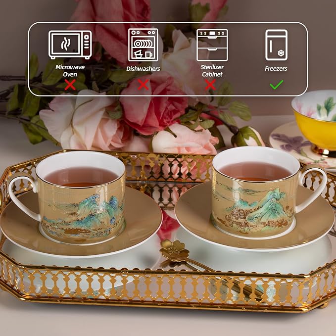 KAMMAK Tea Cups and Saucers Set of 2, Porcelain Coffee Cups, Stackable Espresso Mugs, Ceramic Demitasse for Coffee, Cappuccino, Latte, Americano, Tea, Large - River and Mountains