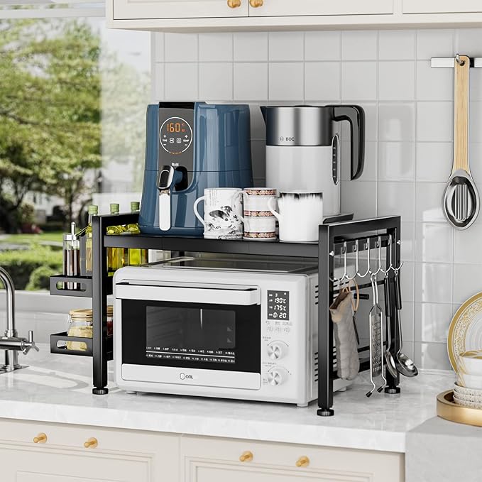 YIUKEA Extendable Microwave Oven Rack - Over Microwave Shelf Countertop 2 Tier Kitchen Microwave Stand (L15.7~23.6" xW12.8 xH17.7) with Spice Rack and 6 Hooks Black