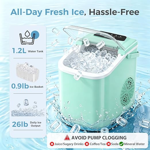 Countertop Ice Maker, Portable Ice Machine with Carry Handle Basket and Scoop, 9 Bullet Cubes Ready in 6 Mins, 26lbs Daily, Self-Cleaning for Home, Kitchen, Camping, RV