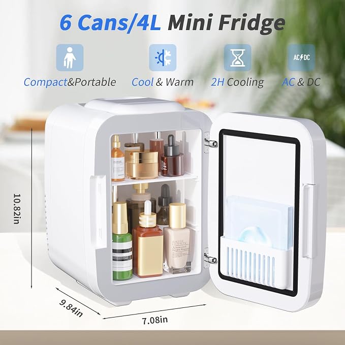 OSTBA Skincare Fridge Mini Fridge for Bedroom with Dimmable LED Mirror, 4Liter/6 Cans Cooler and Warmer for Makeup, Cosmetic, Beauty, Portable Refrigerator for Bedroom, Vanity, Office and Car