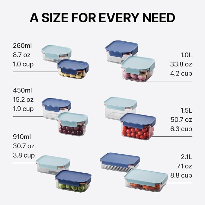 LocknLock Tritan Plastic Bisfree Modular Plus Food Storage Container Set, BPA-Free, Stackable, Dishwasher and Freezer-Safe, 24-Piece Set with 12 Boxes and 12 Lids, Navy