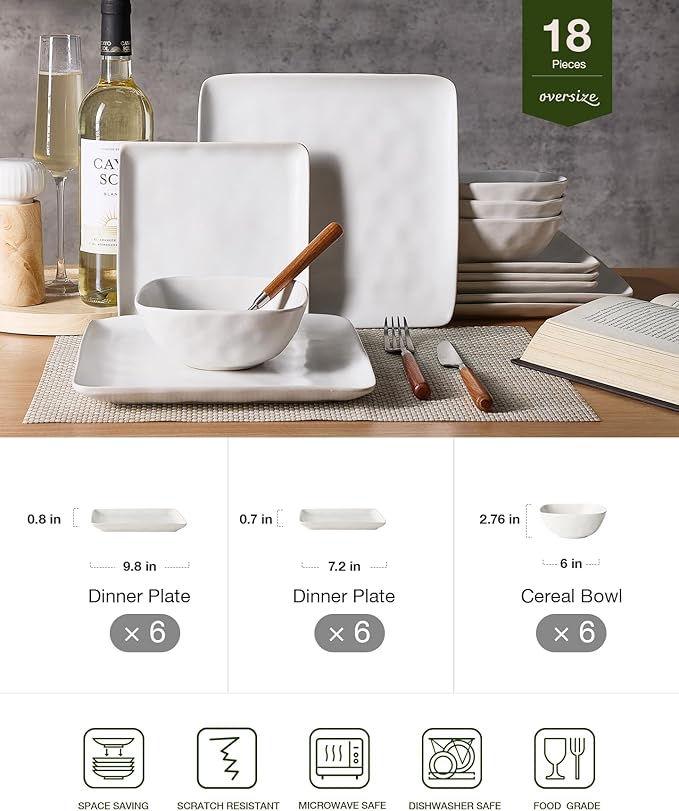 Famiware Stoneware Dinnerware Sets for 6, Ocean Square 18-Piece Kitchen Plates and Bowls Sets, Microwave and Dishwasher Safe, Scratch Resistant, Matte White