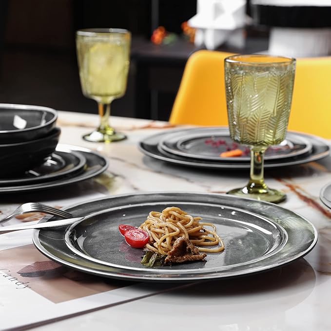 Melamine Dinnerware Sets- 12pcs Melamine Plates and Bowls Set for 4, Suitable for Indoor and Outdoor Use, Black