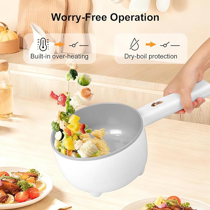 Electric Hot Pot 2L, 700W Portable Multi-Purpose Cooker with Dual Power Control, Non-Stick Pot for Noodles, Steak, Eggs, Ramen, Oatmeal, and More