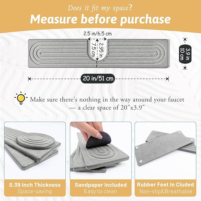 Stone Faucet Mat For Kitchen Sink, 20" Diatomite Fast Drying Stone Kitchen Sink Mat, Super Absorbent, Sink Stone Quick Dry Around Faucet, Stone Sink Splash Guard For Bathroom, Zen Gift, Light Grey