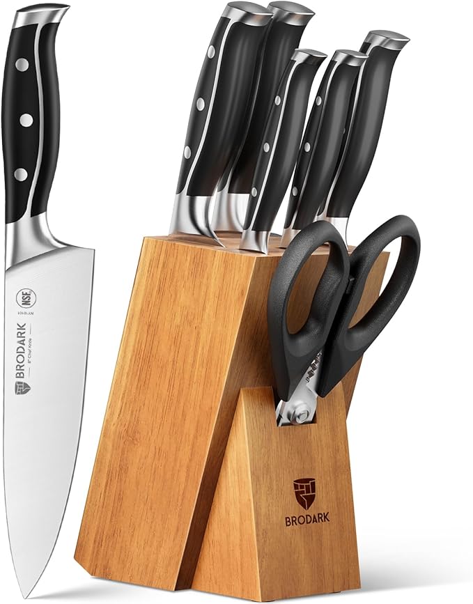 BRODARK Knife Set: 7 Piece Ultra Sharp Kitchen Knife Set Without Steak Knives, Knives Set for Kitchen with High Carbon Super Steel & Ergonomic Handle, Acacia Wood Block with Scissors and Sharpener