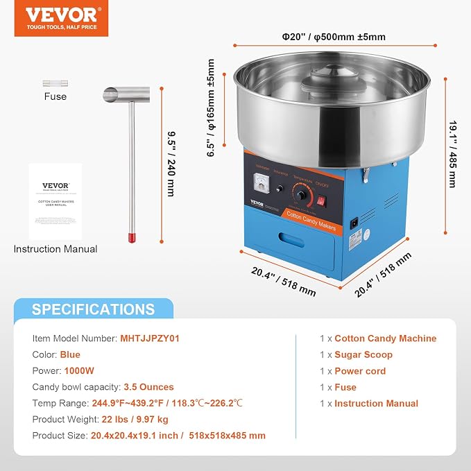 VEVOR Electric Cotton Candy Machine, 1000W Candy Floss Maker, Commercial Cotton Candy Machine with Stainless Steel Bowl, Sugar Scoop, and Drawer, Perfect for Home Kids Birthday, Family Party, Blue
