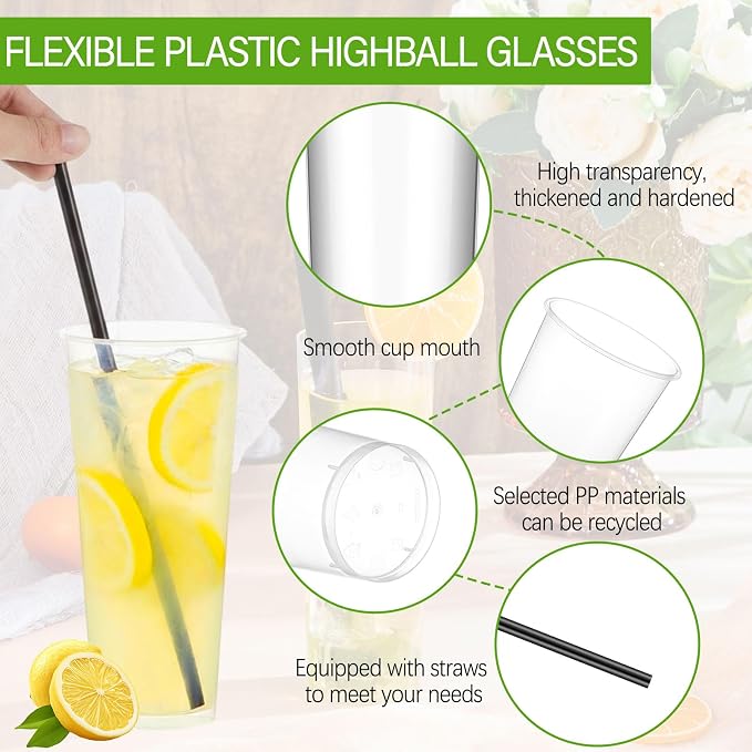 Plastic Highball Glasses with Straws(Set of 48), 16 oz Shatterproof Drinking Cups, Tall Whiskey Collins Glass with Straws, Smoothie Tumbler Mojito Cocktail Cups for Wedding Fall Xmas Party