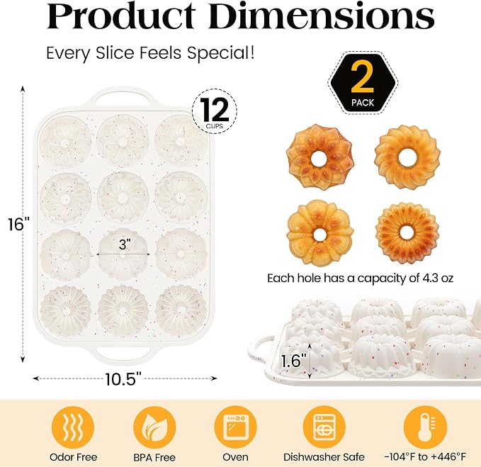 Vinino 3 Inch Silicone Mini Fluted Tube Cake Pan with Metal Reinforced Frame, 4 Different Shapes, 12-Cavity Mini Flan Mold, Nonstick Baking Pan for Mini Donuts, Jello, Pudding, Brownies, 2 Pack