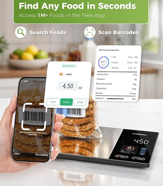 Atogou Smart Food Kitchen Scale with Nutrition Calculator, Color Display & Free App, Precise Portion Control, Calorie & Macro Tracking for Weight Loss & Meal Prep Black