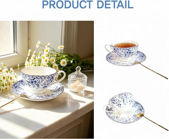 Vintage Floral Porcelain Tea Cup and Saucer Set with Gold Trim, Classic Blue Pattern, 6 oz Capacity