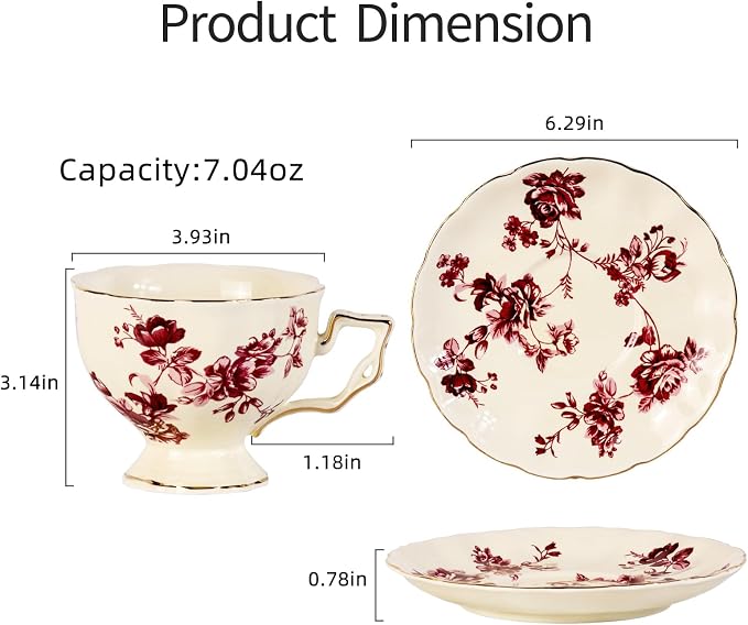 KAMMAK Tea Cups and Saucers Set of 2, Porcelain Coffee Cups, 7-Ounce Stackable Espresso Mugs, Ceramic Demitasse for Coffee, Latte, Americano, Tea, Red Orchid