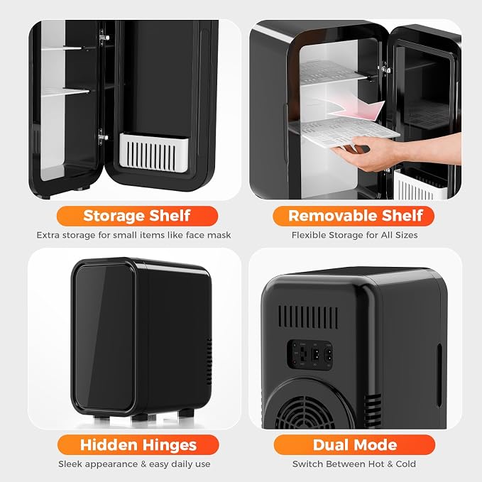 OSTBA Mini Fridge for Skincare, 6 Liter/8 Can 110V AC/DC Portable Thermoelectric Cooler Refrigerators for Bedroom, Skincare, Beverage, Office, Dorm Room and Car, Black