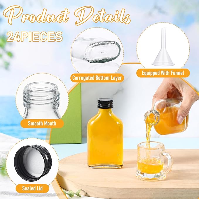 Gejoy 24 Pcs Mini Liquor Bottles Reusable Glass Flask Bottles with Black Caps Clear Empty Alcohol Shot Jars Small Champagne Jars with 4 Funnels for Wine Weddings Party Favors Christmas (3.4 oz)