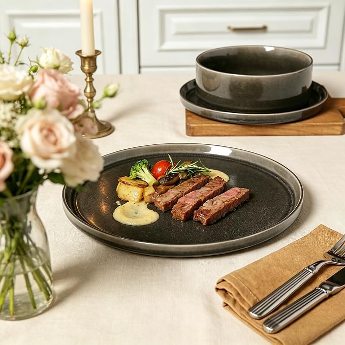 Dinnerware Sets for 4, ceramics Plates and Bowls Set, 12-Piece Modern Stoneware Dinnerware – Chip Resistant, Non-Toxic, Dishwasher and Microwave Safe Tableware, Black