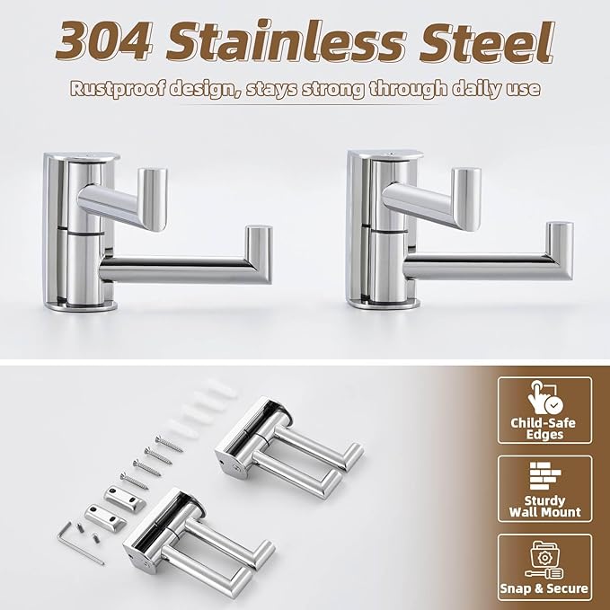 APLusee Swivel Towel Hook Polished Chrome 2 Pack, 304 Stainless Steel Bathroom Robe Hook Towel Holder, Folding Wall Hook Wall Mounted
