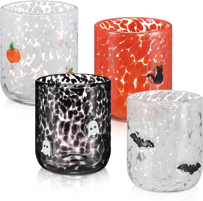 Skylety 4 Pcs Halloween Icon Glass Cups - 16 oz Pumpkin, Ghost, Bat, Cat Icon Juice Glasses Double Old Fashioned Drinking Cups - Ideal for Halloween Party Decoration, Friends Lovely Gifts