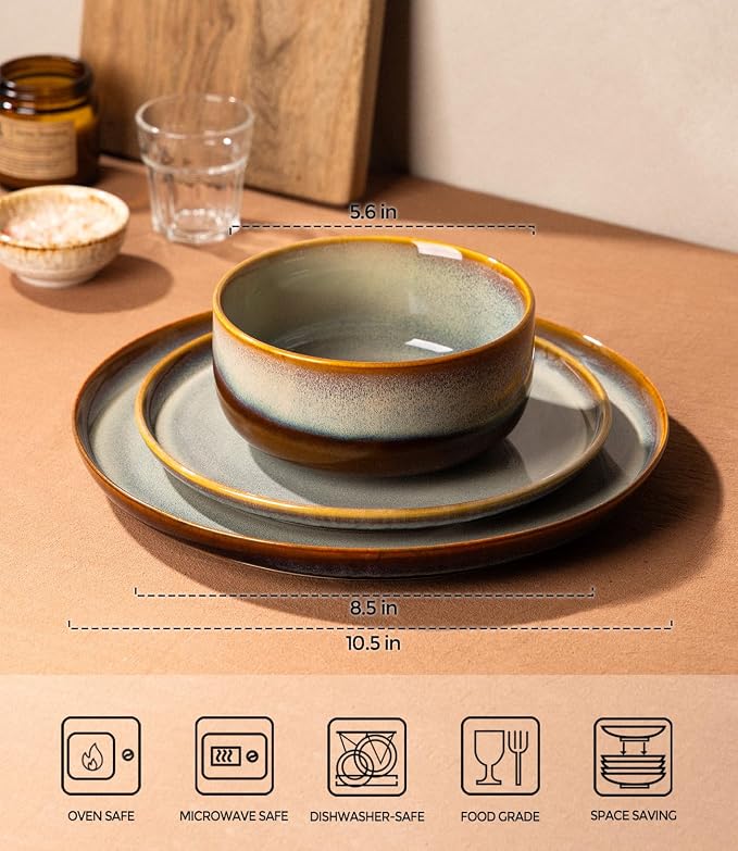 Ceramic Dinnerware Sets for 8, 24 Pieces Handmade Reactive Glaze Plates and Bowls Set, Scratch Resistant Dish Set, Oven & Microwave & Dishwasher Safe, Dusk Blue