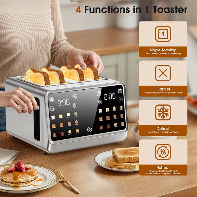 Smart Toaster 4 Slice with Dual Touchscreen & Independent Controls, 1800W Stainless Steel, Wide Slots for 6 Bread Types & Toast Settings,Single-Slice Modes, Defrost, Reheat