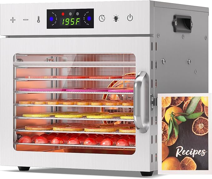HOPERAN 8 Tray Food Dehydrator Machine for Jerky, Fruit, Herb & Dog Treats | Stainless Steel, Max.196℉ Digital Temperature & Timer Control, 400W, Quiet <48dB, Including 2 Mesh Screens, 1 Fruit Roll Tray