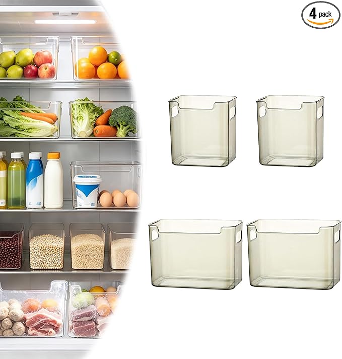 Crystal Clear Freezer Storage Bins, BPA-Free Clear Fridge Organizer Bins with Handles, Stackable Plastic Bins for Organization, Heavy-Duty Clear Storage Bins (Translucent Green, 2L+2S)