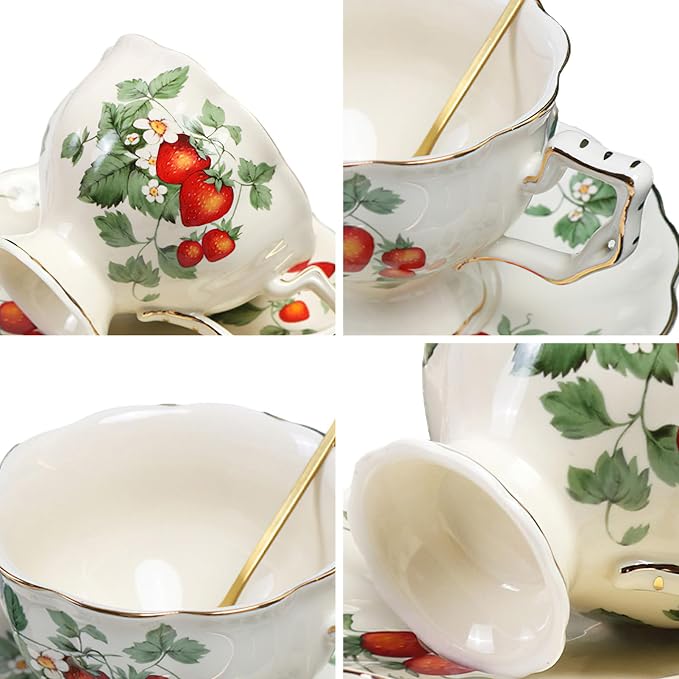 Porcelain Tea Cup and Saucer Set, 8.5 oz/250 ml Ceramic Coffee Mug with Saucer and Spoon, Vintage Coffee Cup with Gold Trim for Mom Women Mother's Day, Strawberry Pattern