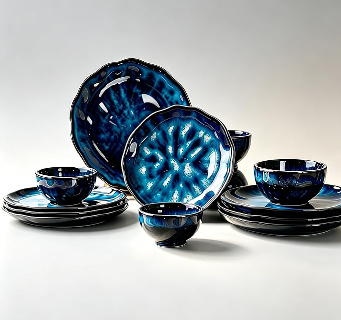 4-piece set, ceramic, natural active glaze plate and bowl set, microwave and dishwasher compatible tableware set, shatterproof and scratch resistant dinner set, irregular edge design, blue