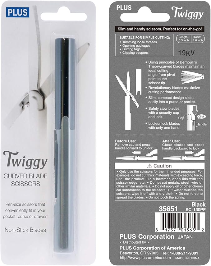 Plus Pen Style Non-Stick Compact TSA Twiggy Scissors with Cover, Charcoal