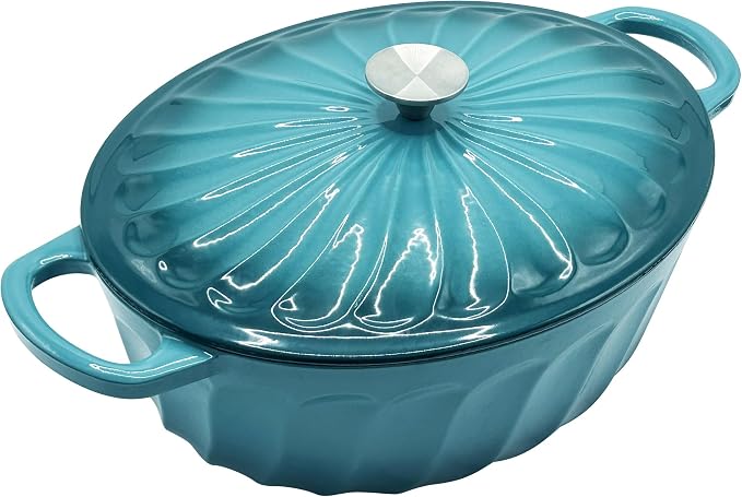 Enameled Dutch Oven Pot with Lid, 7 QT Cast Iron Dutch Oven with Dual Handles, Oval Dutch Oven for Cooking, Bread Baking, Frying, Non-stick Enamel Coated Oven (Blue-Green)