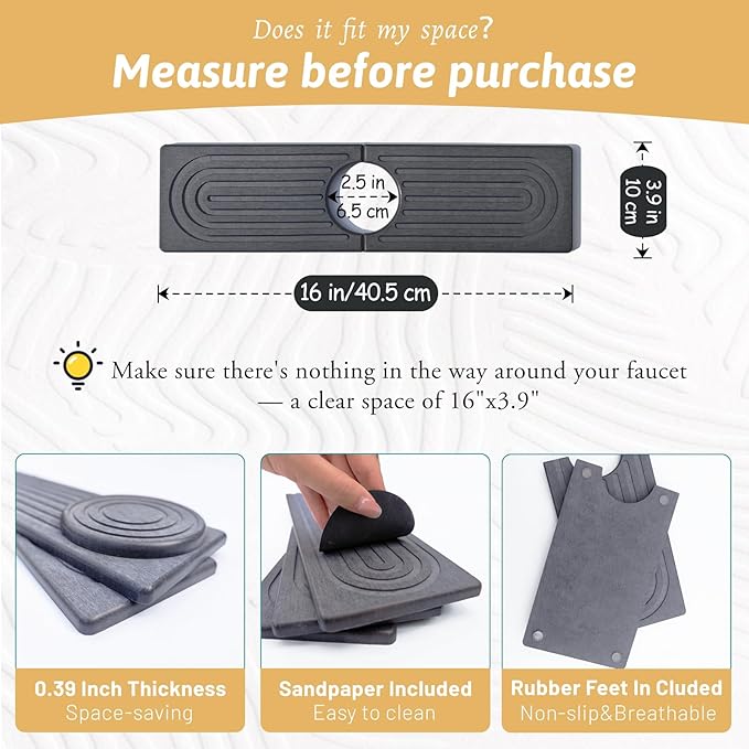 Faucet Mat for Kitchen Sink, 16'' Diatomite Sink Protector Splash Guard Draining Mat, Quick Drying Stone Sink Tray, Water Absorbent Soap Sponge Holder for Bathroom, Women Men Birthday Gift, Dark Gray