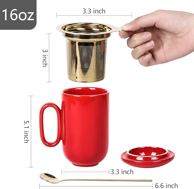 vicrays Ceramic Tea Mug Infuser - Large Cup 16 oz Hot Loose Steeping Handle Teacup with Leaf Infuser Spoon Lid - Tall Glazed Strainer Coffee Mug Microwave Safe - Red