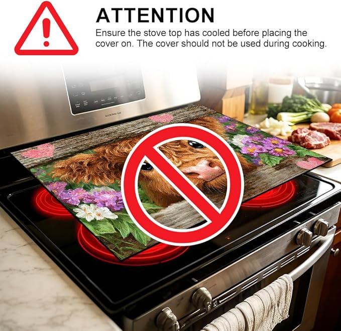 Stove Top Cover for Electric Stove 28.4 x 20.5 Inch Non Slip Stove Mat Oil Proof Floral Highland Cow Glass Cooktop Protector Kitchen Counter Mat