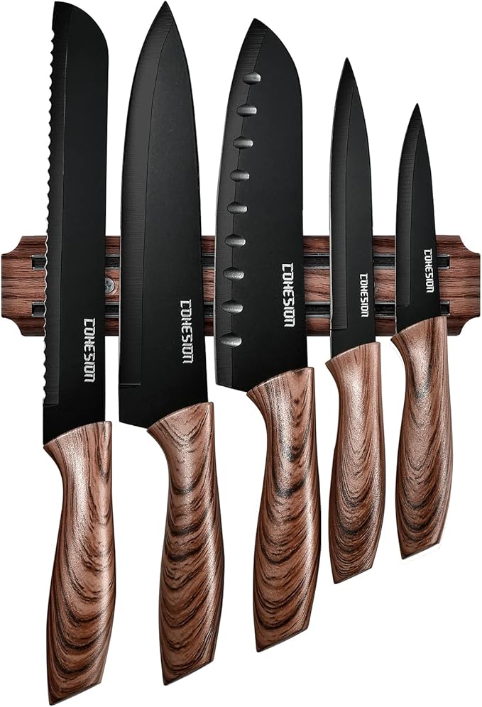 Cohesion 5 PCS Kitchen Knife Set with Magnetic Knife Holder for Wall, Ultra Sharp Chef Boxed Knife Set With Sheathes for Multipurpose Cooking with Ergonomic Handle