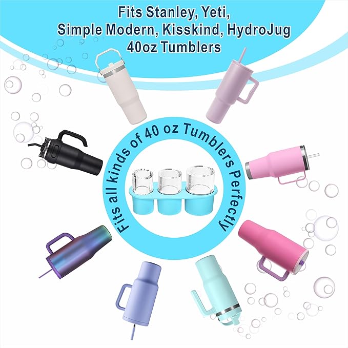 1pc Tumbler Ice Tray for Stanley/Yeti/Simple Modern etc. 40oz Tumblers, Silicone Ice Cube Tray for Tumblers with Bin and Lid, Blue
