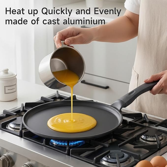 JEETEE Nonstick Crepe Pan, 9.5 Inch Titanium Pancake Pan, Healthy Non-Toxic Flat Tawa Dosa Tortilla Pan for All Stovetops including Induction, PTFE & PFOA Free