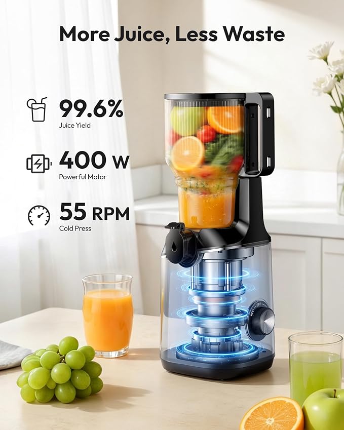 Cold Press Juicer Machines, EUHOMY 5.8" Wide Feed Chute, Slow Masticating Juicer for Whole Vegetables and Fruits, 99.6% High Juice Yield, Easy to clean, Juicer Machines with BPA Free