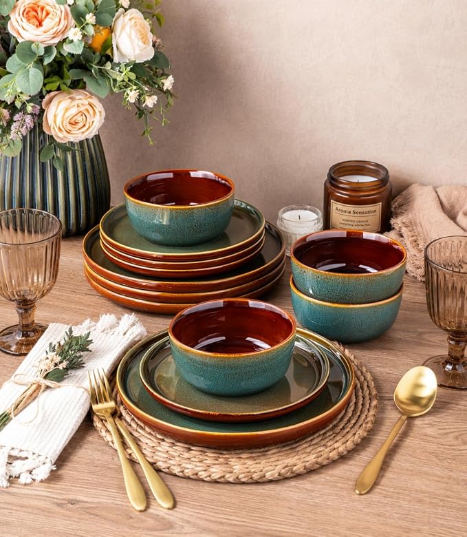 GBHOME Dinnerware Sets for 4, 12 Pieces Stoneware Plates and Bowls Sets, Scratch Resistant Dishes, Dishwasher & Microwave Safe, Rustic Reactive Glaze-Brown Green