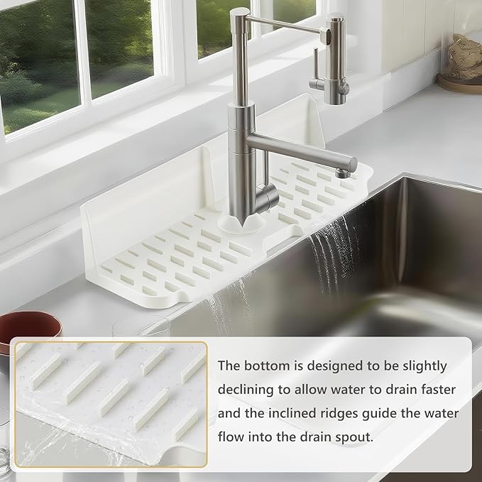 Silicone Kitchen Countertop & Sink Splash Guard, Silicone Sink Faucet Drying Mat, Faucet Mat for Kitchen Sink, 16.9” x 5.5’’ x 3.9’’ Splash Guard for Kitchen, Bathroom (Transparent)