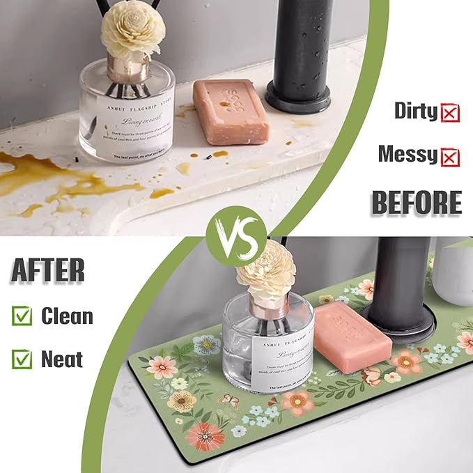 Sink Faucet Absorbing Mat, 2 Pack Drying Mat Around Faucet Sink Splash Guard Behind Faucet Sinkmat For Kitchen Bathroom Island Rv 24 * 5.5 Inch (60 * 14 cm)